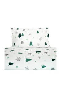 COFI - Fleece-Bettwäsche mit grünen Tannenmuster aus 100% Polyester - Weiß/Grün 135x200 cm