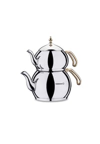 KORKMAZ - Korkmaz Hanedan Teekannen-Set Gold - Stilvoll & Funktional 1,1L/2,0L - Silber 19 x 19 x 28 cm