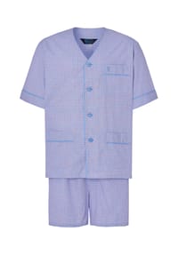 El Búho NOCTURNO® - Kurzer Herren-Schlafanzug, Baumwoll-Popeline, kariert - blau