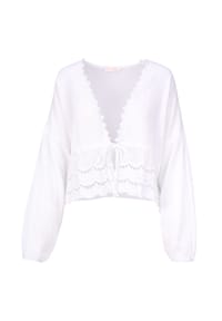 Seasons of April - Damen LAURA MUSSELIN Musselin Bluse mit Spitze & Bindeband – im Boho Stil Frühling/Sommer - Beige