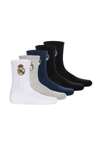 Real Madrid - Kinder Socken, 5er Pack - Tennis Embroidery Socks, Emblem-Logo gestickt, Baumwollmischung, einfarbig - Weiß/Schwarz/Dunkelblau/Grau
