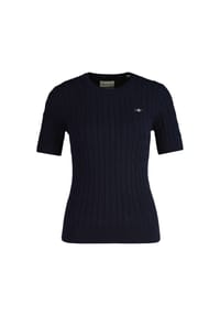 GANT - Damen Strick T-Shirt - STRETCH COTTON CABLE C-NECK, Rundhals, Kurzarm, Zopfmuster - Blau