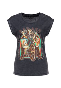 QUEEN KEROSIN - Print-Shirt Großflächiger Bikerin-Motorrad-Frontprint Badass - anthrazit