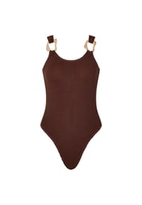 MODA MINX - Badeanzug SCRUNCH Irregular Hoop Swimsuit mit edlen Schmuckelementen an den Trägern - Coffee