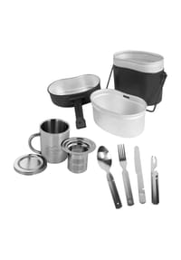 normani® - Aluminium-Kochgeschirr „Pennsylvania“, Tasse „Utah“, Teesieb „Delaware“, Essbesteck „Kalifornien“ - Oliv