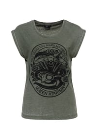 QUEEN KEROSIN - Print-Shirt Ovaler Frontprint mit Motor, Schlange und Rosen sowie Enzymwaschung Wild Thing - anthrazit