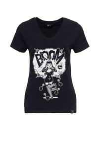 QUEEN KEROSIN - Print-Shirt mit V-Ausschnitt und Print in der Front Boom - schwarz