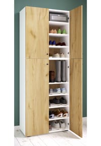 VCM. Holz-Schuhschrank | Maße: B. 70 x H. 184 x T. 40 cm | Allzweckschrank | 9 Fächer | 4 Drehtüren - Lona