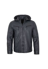 JILANI - Herren Lederjacke Kapuze Lammnappa navy - navy