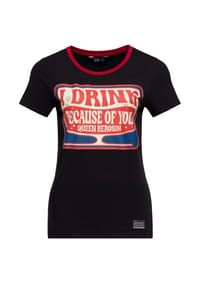 QUEEN KEROSIN - Print-Shirt Spruch-Print im Schildformat und Halsbündchen in Kontrastfarbe I Drink Because Of You - schwarz