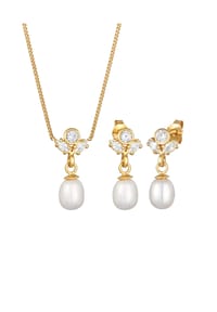 elli. PREMIUM - Schmuckset Süßwasserperlen Zirkonia Set 925 Silber Vergoldet - Gold