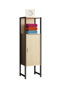 VCM. - Holz/Metall Badmöbel | Midischrank | Maße: H. 114 x B. 33 x T. 30 cm | Badregal | 1 Drehtür | 1 offenes Fach - Edino - Honig-Eiche