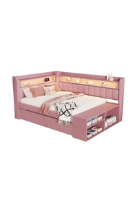 KOMHTOM - Polsterbett 90x200cm, inklusive Schuhschrank und zwei Schubladen, Rosa - Rosa