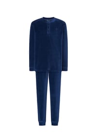 El Búho NOCTURNO® - Langer Herren-Schlafanzug aus Baumwolle und Polyester-Samt, uni - blau