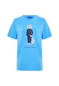 CAT by manii'ta lacitta - Blaues T-Shirt mit sportlicher weißer Katze - blau