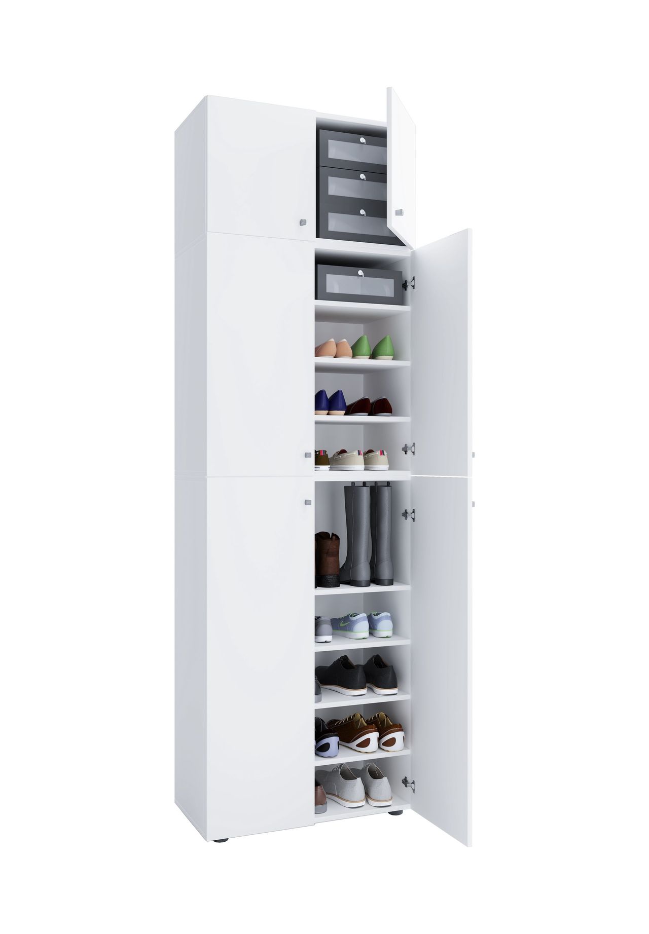 VCM. Holz-Schuhschrank | Maße: H. 200 x B. 70 x T. 39 cm | Allzweckschrank | 9 Fächer | 4 Drehtüren | Aufsatz mit 2 Türen – Lona