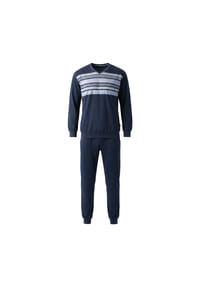hajo - Herren Schlafanzug lang - Klima-Komfort, V-Neck, Bündchen, Streifen, Baumwollmix - Dunkelblau