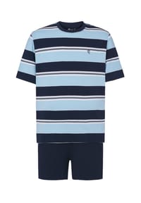 El Búho NOCTURNO® - Kurzer Herren-Schlafanzug, Rundhals, Baumwolle, gestreift - hellblau/marineblau
