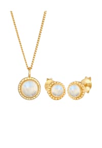 elli. PREMIUM - Schmuckset Mondstein Rund Blüte Boho 925 Sterling Silber - Gold
