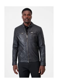 RICANO - Herren Biker-Lederjacke Cedrik mit Brusttaschen & Stehkragen - Schwarz