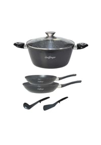 Cheffinger - 6 tlg Kochgeschirr Kochtopf Set Topf Pfanne Küchenhelfer - Schwarz OneSize