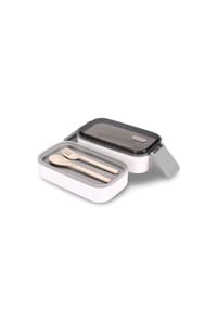 Cheffinger - Doppel XL Brotdose mit Besteck – Lunchbox für Schule, Büro & Uni - Weiß, Grau 21,5 x 11,5 x 11 cm