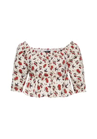 QUEEN KEROSIN - Carmenbluse mit Oldschool-Tattoo-Motiven Cherries & Roses - beige
