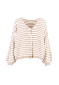 Seasons of April - Gestreifter CANDY Damen Cardigan, Kuschelig, Oversize, V-Ausschnitt, Strickjacke - Babyblau Weiß