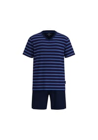 GÖTZBURG - Herren Schlafanzug, kurz - Shorty, V-Ausschnitt, gestreift, Baumwolle, Pyjama - 652 BLAU MITTEL