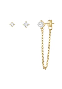 GLANZSTÜCKE MÜNCHEN - Damen Set (Ohrringe 3 Stück) aus 925/- Sterling Silber in Gelbgold mit Zirkonia und Süßwasser-Zuchtperle - gelbgold