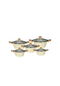 Cheffinger - 10-tlg. mit Glasdeckeln Induktion geeignet Antihaft-Marmorbeschichtung - Beige 10-teilig