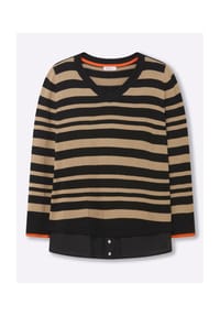 sheego - V-Ausschnitt-Pullover - schwarz-beige-gestreift