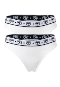 CHIARA FERRAGNI - Damen String 2er Pack - Brief, Cotton Stretch, Logobund, uni - Weiß