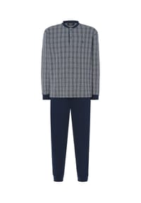 El Búho NOCTURNO® - Premium-Schlafanzug, Lang, Interlock-Strick, Baumwolle, kariert - grau/blau