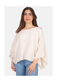 Seasons of April - Damen MATHILDA MUSSELIN OVERSIZED Kurze Musselin Bluse, Boho, Bordüre, Oversized aus Baumwolle One Size - Creme