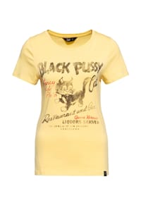 QUEEN KEROSIN - T-Shirt mit Vintage-Print Black Pussy Cat - senf