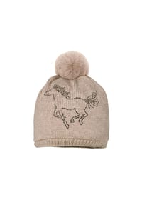 maximo® - MINI GIRL-Mütze Pferd Strass, Kunstfellpompon, Vollfutter - beigemeliert