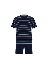 GÖTZBURG - Herren Schlafanzug, kurz - Shorty, Rundhalsausschnitt, gestreift, Baumwolle, Pyjama - Blau