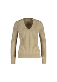 GANT - Damen Cable-Strickpullover - STRETCH COTTON CABLE V-NECK, Zopfstrick - Beige