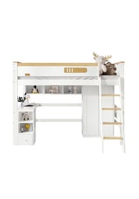 KOMHTOM - Hochbett 90x200cm in Weiß+Natur mit Tisch und Kleiderschrank - Weiß