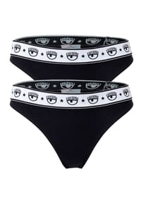 CHIARA FERRAGNI - Damen String 2er Pack - Brief, Cotton Stretch, Logobund, uni - Schwarz