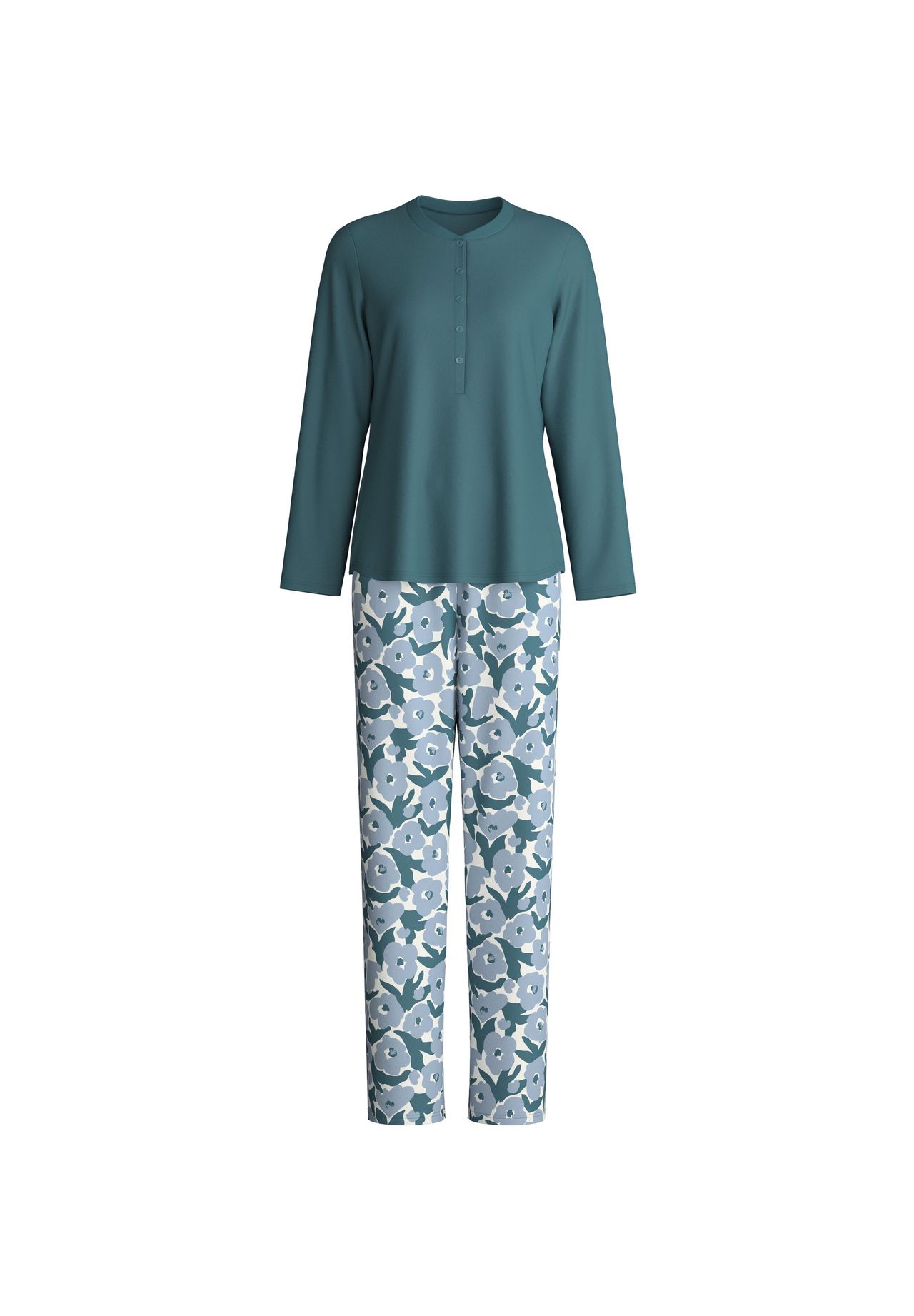Calida Damen Türkis Midnight Flowers Pyjama, Langfür S, Wärmender Pyjama Aus Reiner Baumwolle - Bild 5
