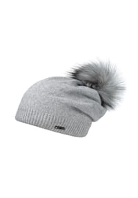 CAPO - Strickmütze, Kaschmir Kunstfellpompon, Fleecestreifen - beige