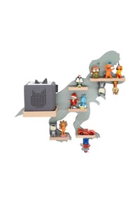 VCM. - My Home - Kinderregal Tier Dinosaurier | hängend für Toniebox und Tonie Figuren | Regal | H. 44 x B. 52 x T. 19 | Wandregal Musikbox und Figuren Aufbewahrung mit Magneteinsätzen | Aufbewahrungsregal Holz Dino - Grau