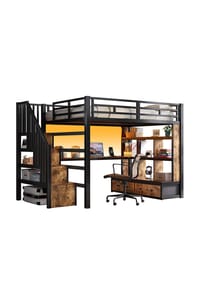 KOMHTOM - Hochbett 140x200 cm mit Schreibtisch und Regalen in schwarz - Schwarz