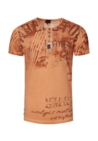 RUSTY NEAL - Rundhals-Shirt mit kurzer Knopfleiste - Camel
