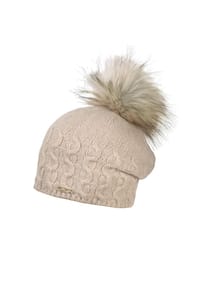 CAPO - Strickmütze Kaschmir fake fur pompon, Fleecestreifen - beige