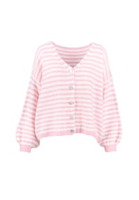Seasons of April - Gestreifter CANDY Damen Cardigan, Kuschelig, Oversize, V-Ausschnitt, Strickjacke - Babyblau Weiß