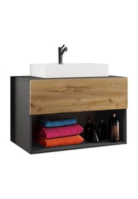 VCM. - 2-tlg. Waschtisch | Breite 80 cm|Waschplatz Badmöbel Waschbecken Bad Schrank Keramik Lendas ll - Anthrazit / Honig-Eiche