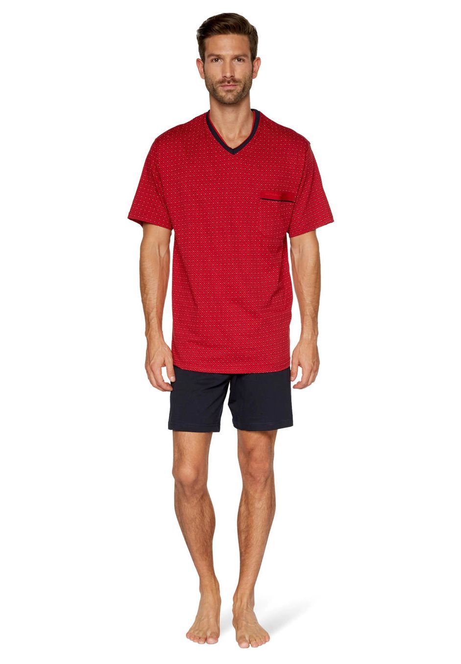 GöTzburg Schlafanzug "Alan", Minimal-Print, V-Ausschnitt, FüR Herren, Blau|Rot, 56